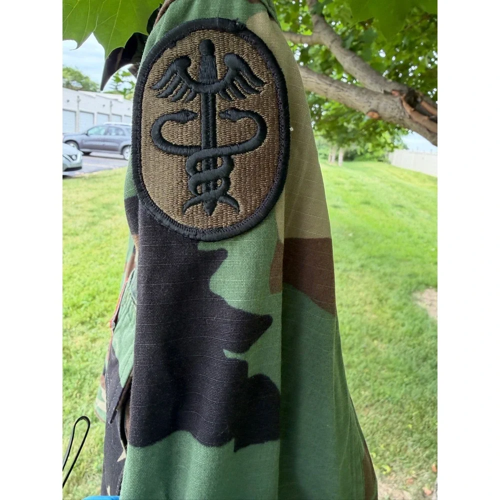 US Army BDU Jacket Woodland Camo Medium Short Rolling Stones Patch Jorgensen